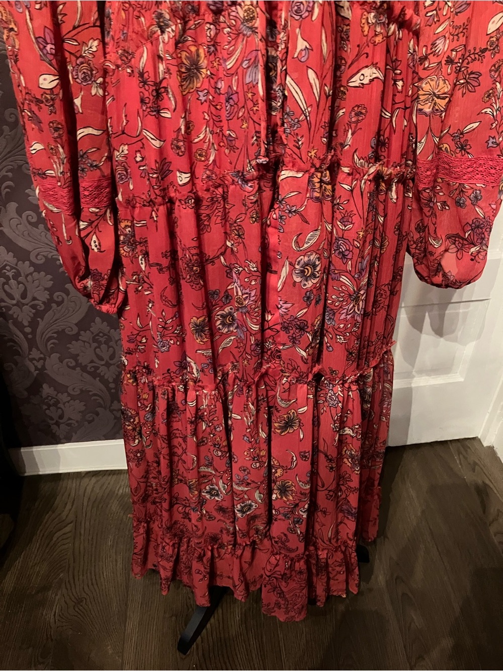 NWT Free People “Cassis” Boho Red Floral Tiered Maxi Dress with Tie Waist - Picture 5 of 14